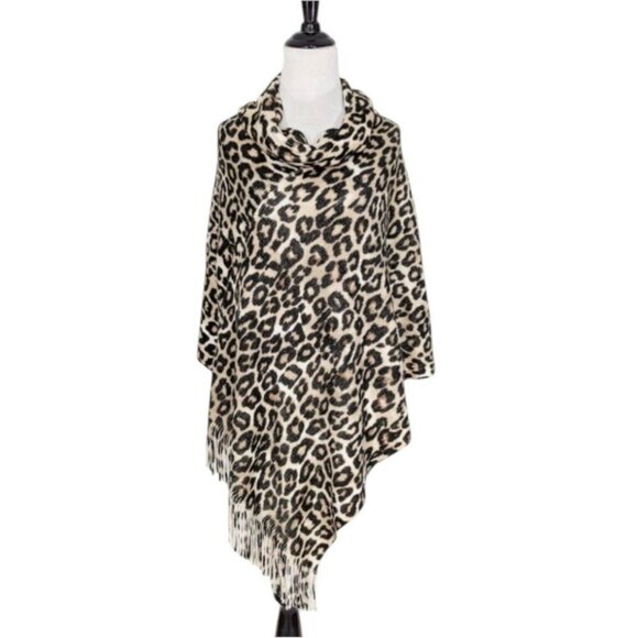Chico's Sweaters - NWT CHICO'S Cowl Neck Poncho One Size Animal Print Fringe Statement $89